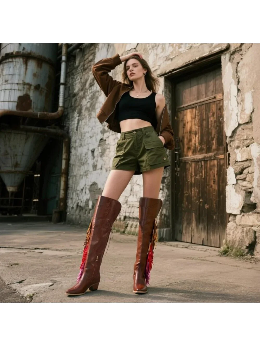 Women's Brown Over The Knee High Heel Boots Faux Fur Pointed Toe Western Boots